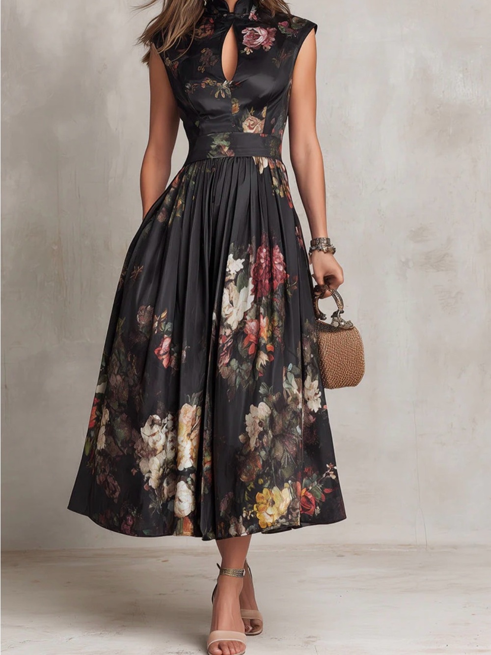 NEW BLACK KEYHOLE COLLAR FLORAL PLEATED SATIN MIDI DRESS